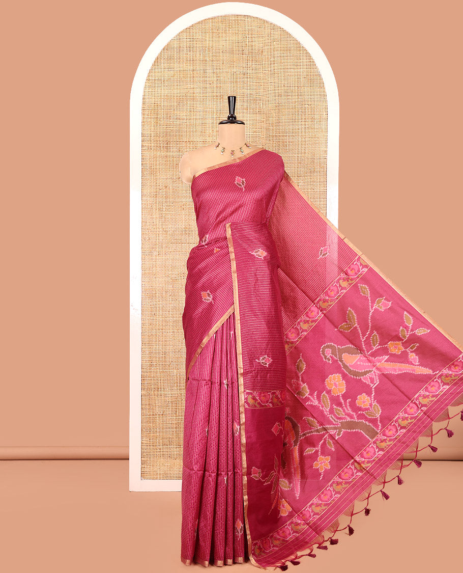 Wine Art Tussar Saree, Decked up with Dotted-Kantha-Style Stripes and Ikkat Buttas on Its Body, a Subtle Piping Border, Pallu of Ikkat Floral and Macaw Parrot Designs, and Paired with a Matching Blouse