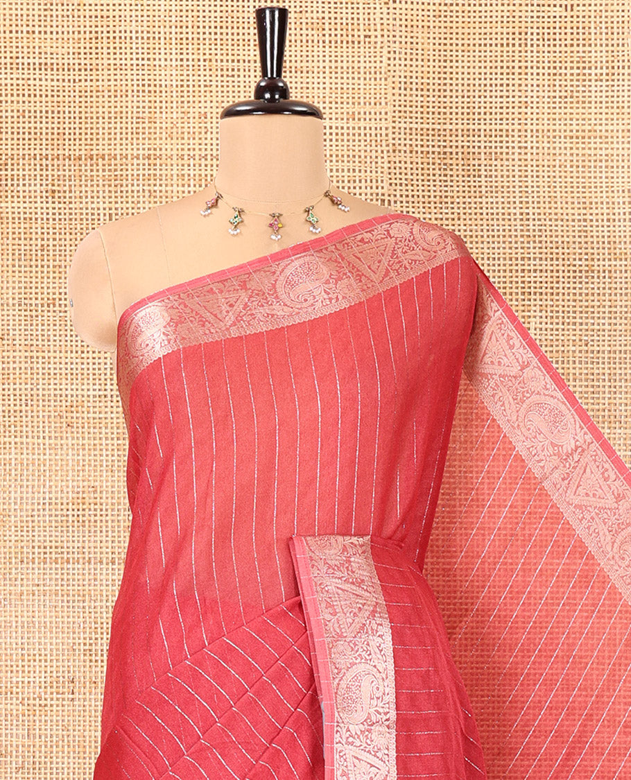 Dusky Pink Moss Chiffon Saree, Gleamed Up with Vertical Zari Stripes All Over Its Body, Highlighted by a Zari Border of Paisleys and Diamond Designs, a Self-Pallu, and Paired with a Matching Blouse