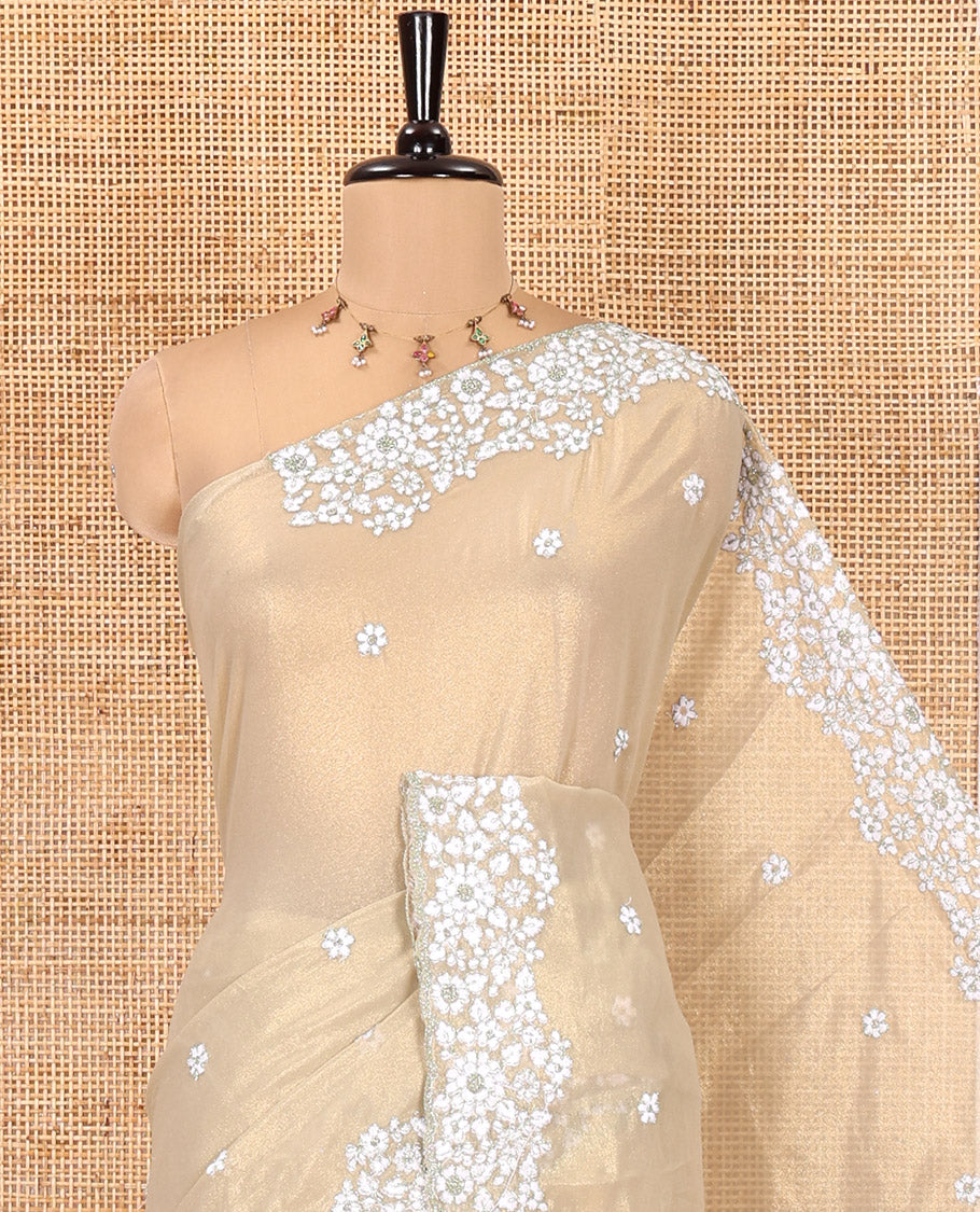 Green Shimmer Chiffon Saree, Artfully Detailed with Floral Embroidery on Its Body, Scallop Floral Embroidery Border, a Self-Pallu, and Paired with a Matching Embroidered Blouse
