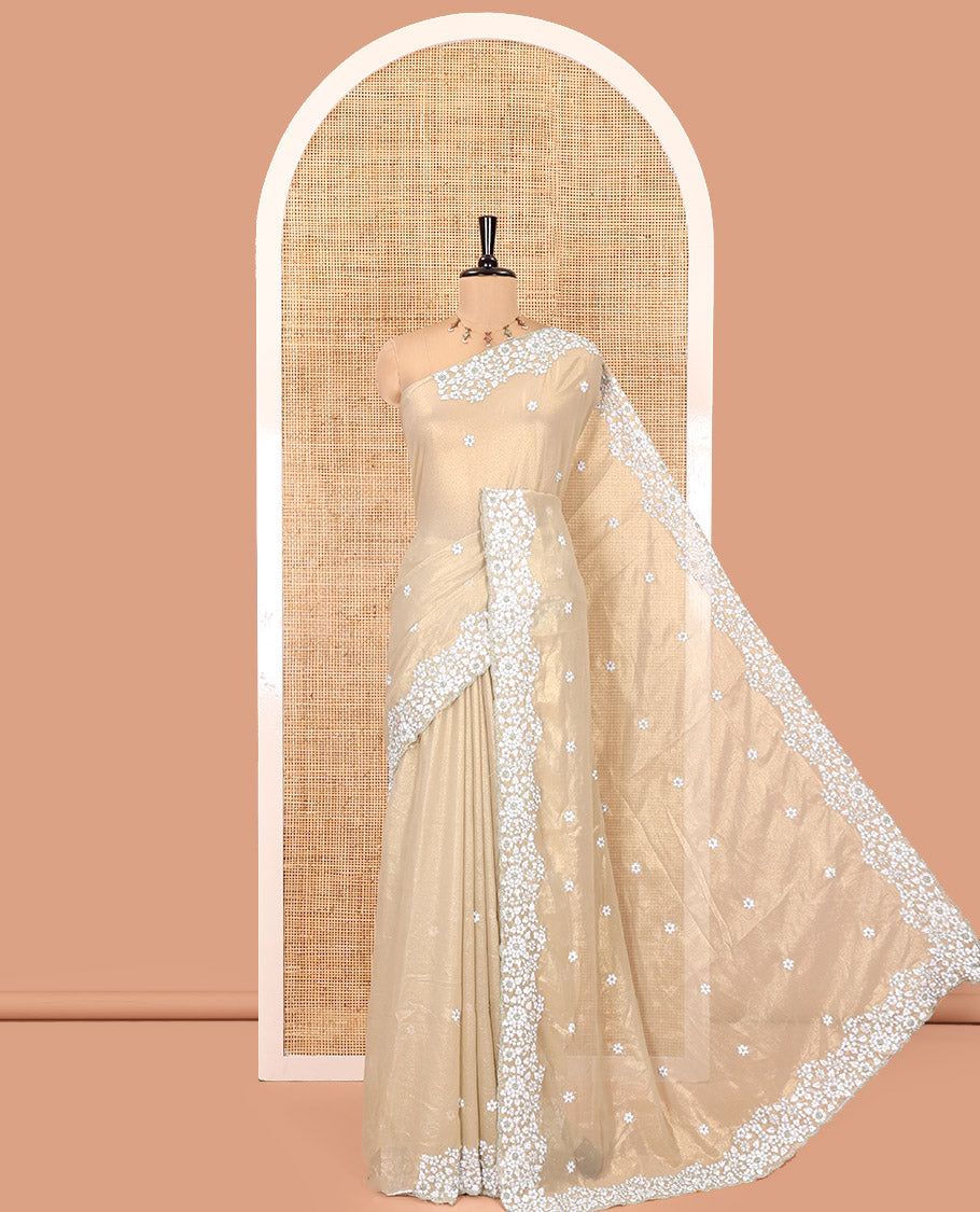 Green Shimmer Chiffon Saree, Artfully Detailed with Floral Embroidery on Its Body, Scallop Floral Embroidery Border, a Self-Pallu, and Paired with a Matching Embroidered Blouse
