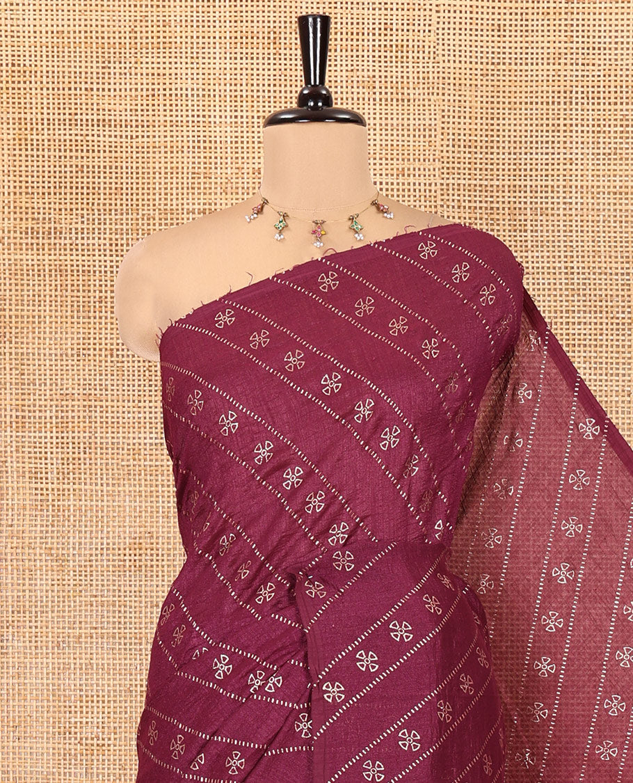 Borderless Purple Vichitra Silk Saree, Gleamed Up with Floral Buttas and Leheriya-Style Foil Print on Its Body, a Self-Pallu, and Has No Blouse