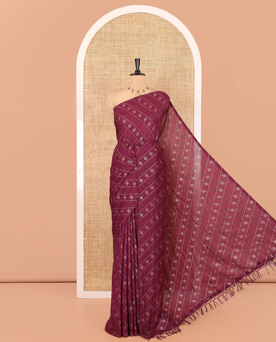Borderless Purple Vichitra Silk Saree, Gleamed Up with Floral Buttas and Leheriya-Style Foil Print on Its Body, a Self-Pallu, and Has No Blouse