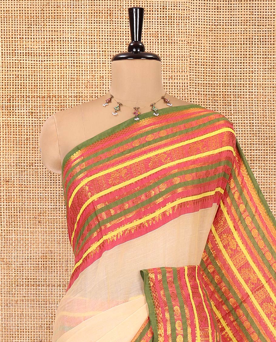 Sandal Plain Khadi Mul Cotton Saree, Contrast Zari Design Border, a Self-Pallu, and a Matching Blouse