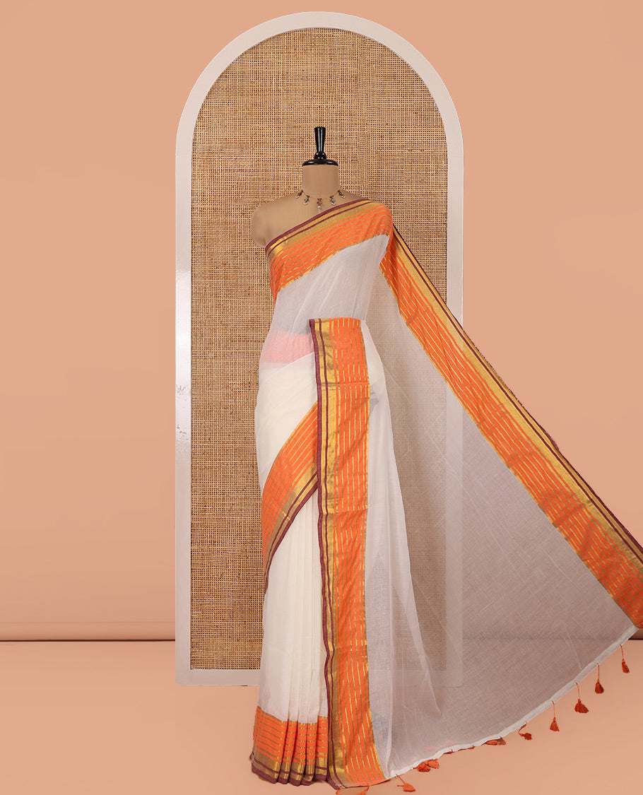Cream Plain Khadi Mul Cotton Saree, Complemented by a Contrast Orange Border of Zari Stripes, a Self-Pallu, and Has No Blouse