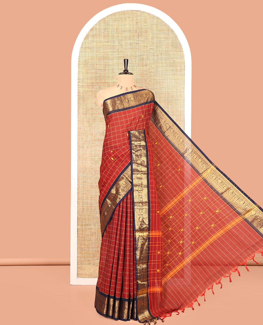Maroon Chettinad Cotton Saree, Adorned with Buttas Enclosed Checks, Contrast Traditional Zari Border, and a Matching Blouse