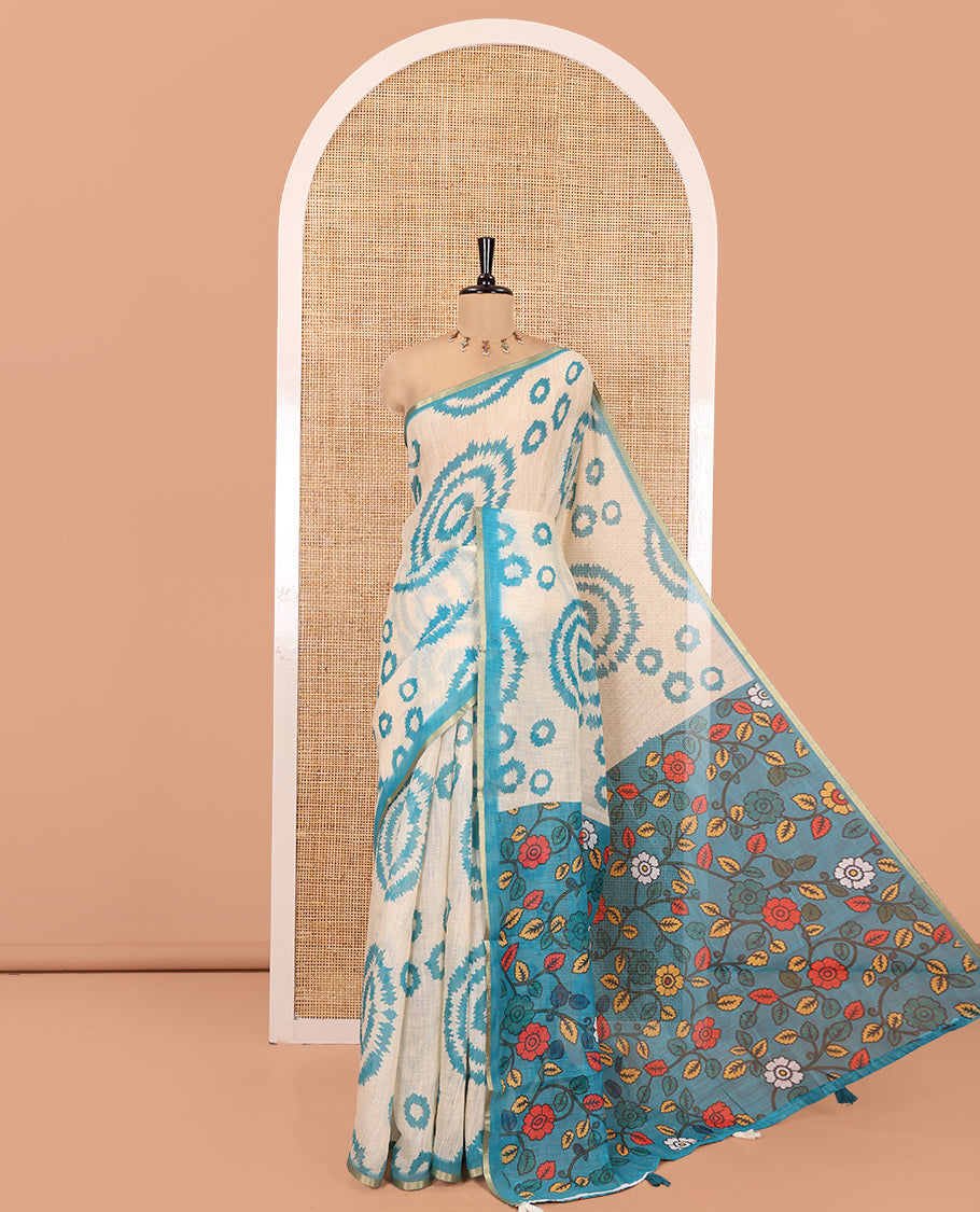Cream-Blue Linen Cotton Saree, Adorned with Shibori Print, Contrast Piping Border, Kalamkari Floral Vine Pallu, and a Contrast Blouse