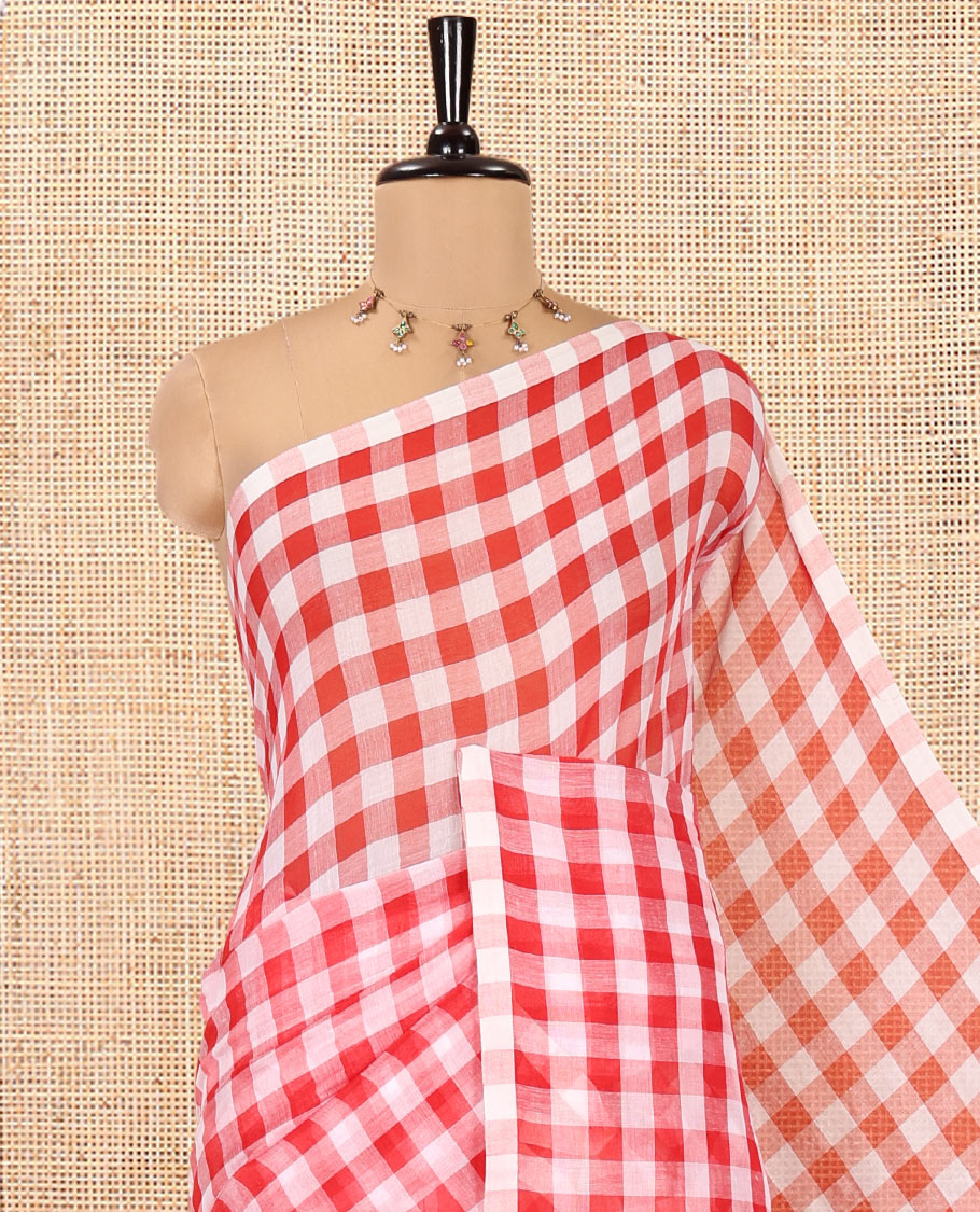 Borderless Red Khadi Mul Cotton Saree, Adorned with Micro-Checks and No Blouse