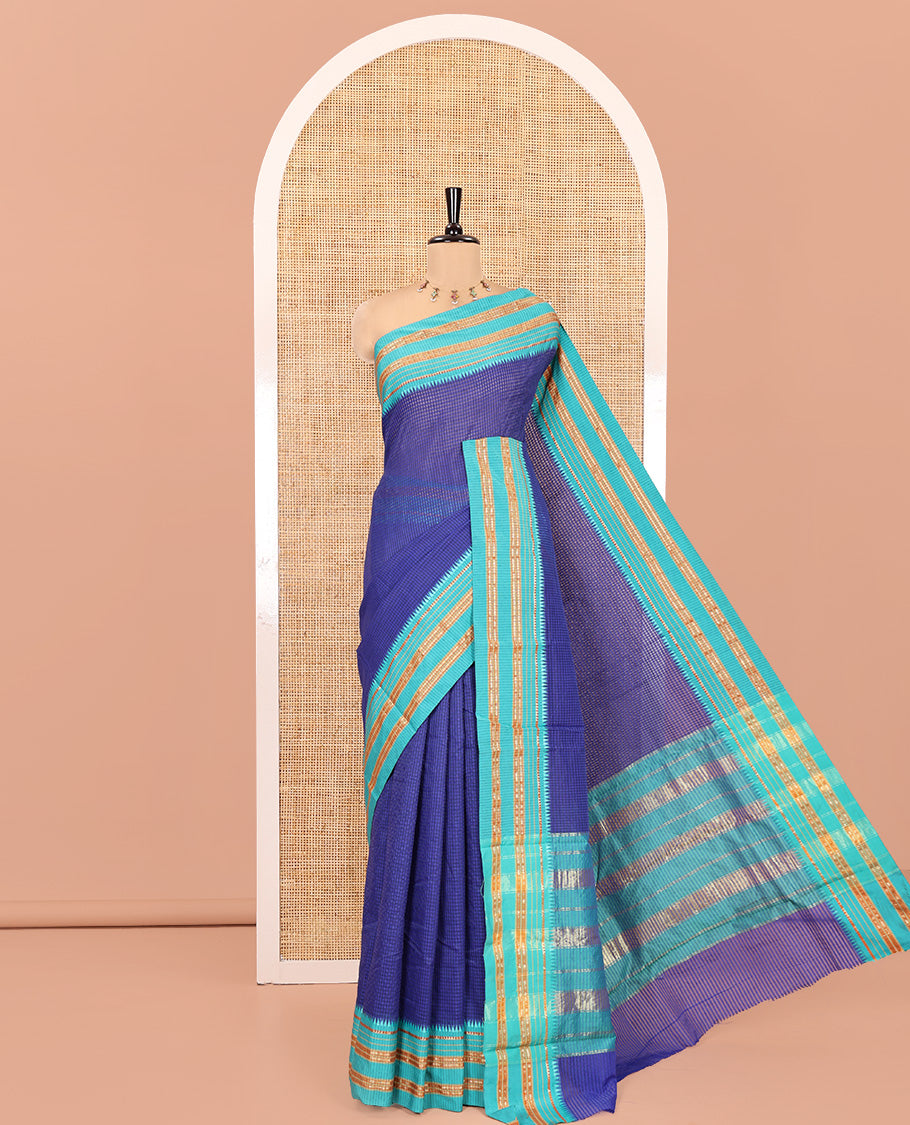 Blue Checked Mercerised Cotton Saree, a Contrast Temple Traditional Border, Striped Pallu, and a Contrast Blouse