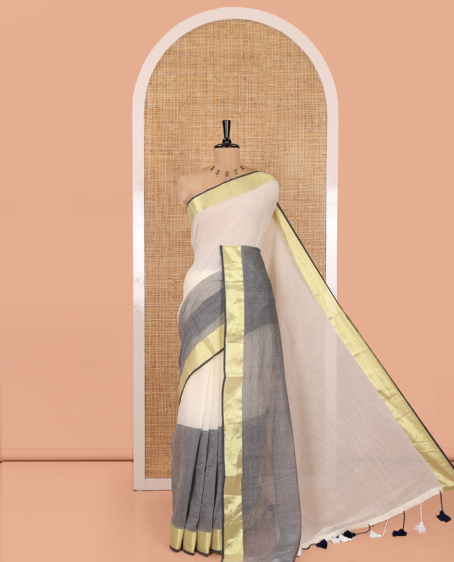 Off-White-Grey Plain Khadi Mul Cotton Saree, a Bavanji Border, a Self-Pallu, and No Blouse