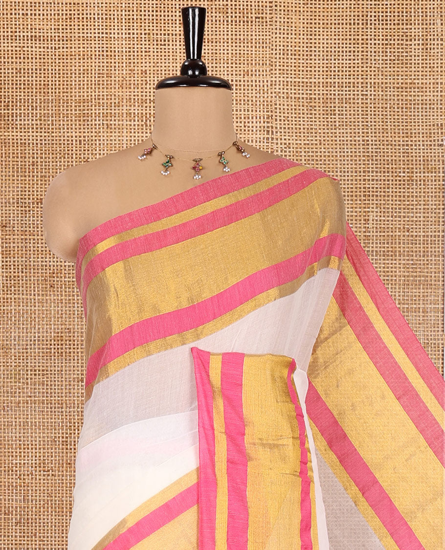 Cream Plain Khadi Mul Cotton Saree, Complemented by a Contrast Pink Zari Border, a Self-Pallu, and No Blouse