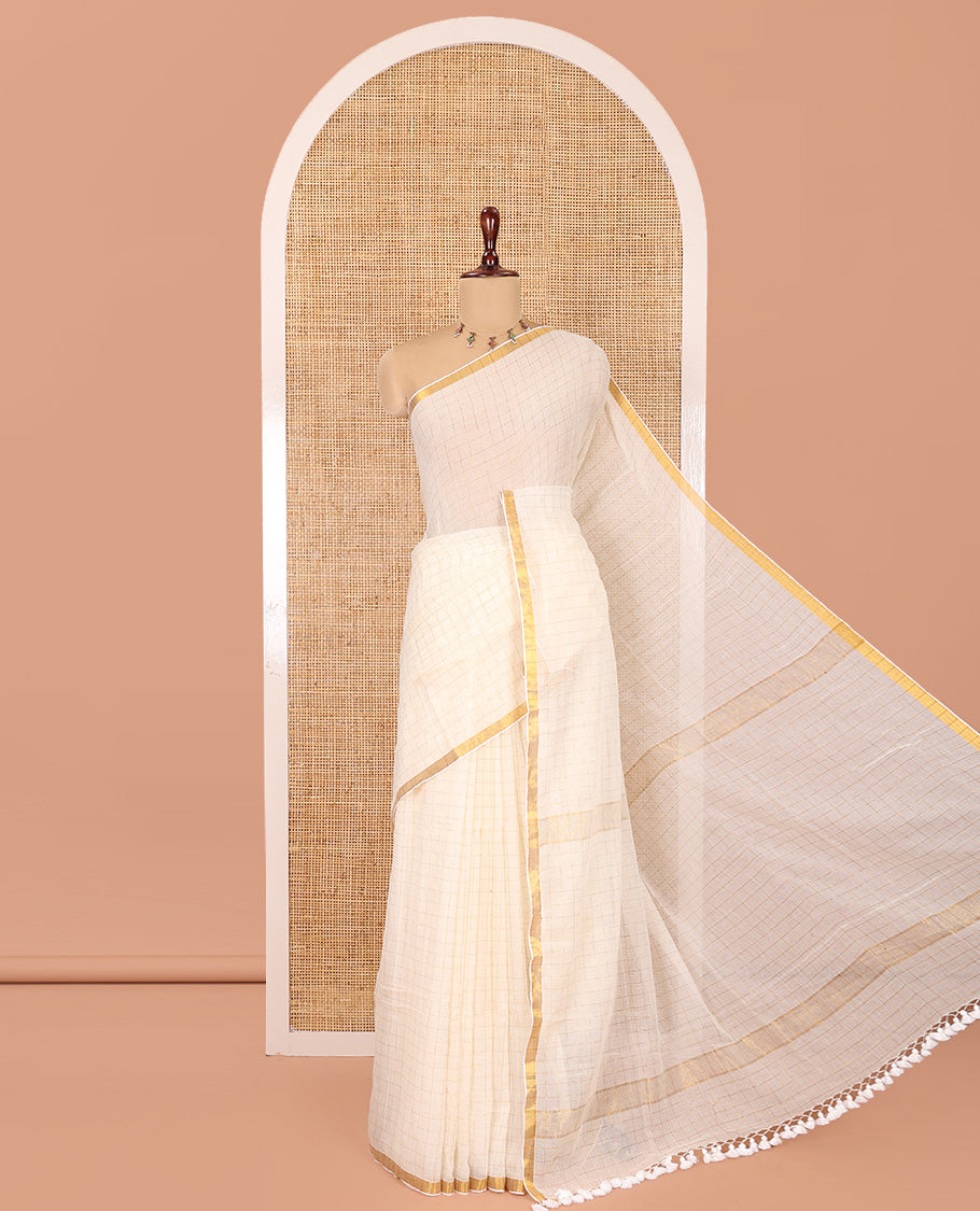 Cream Khadi Mul Cotton Saree, Subtly Sparkled With Zari Checks, a Zari Piping Border and No Blouse