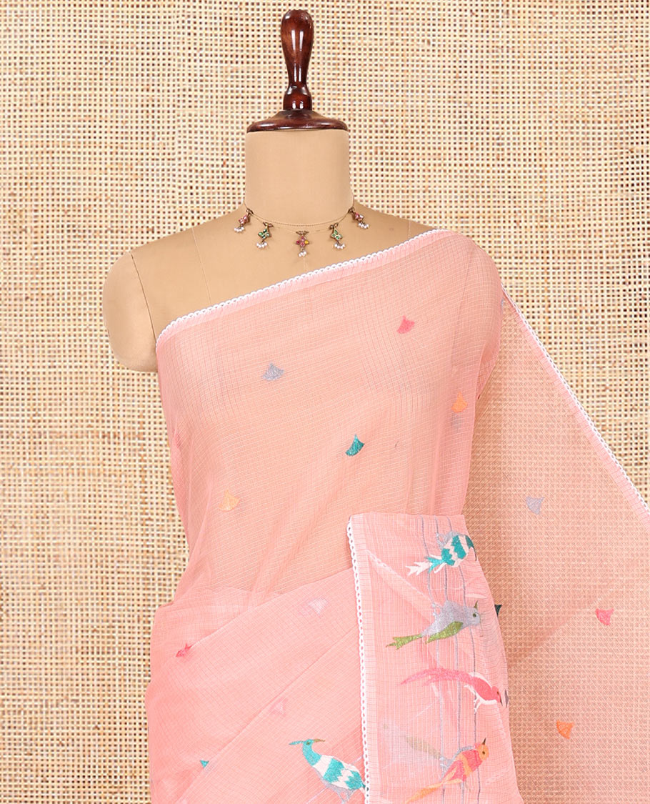 Pink Kota Doria Saree Features Thread-Embroidered Bird Motifs, a Lace Border, and a Matching Blouse