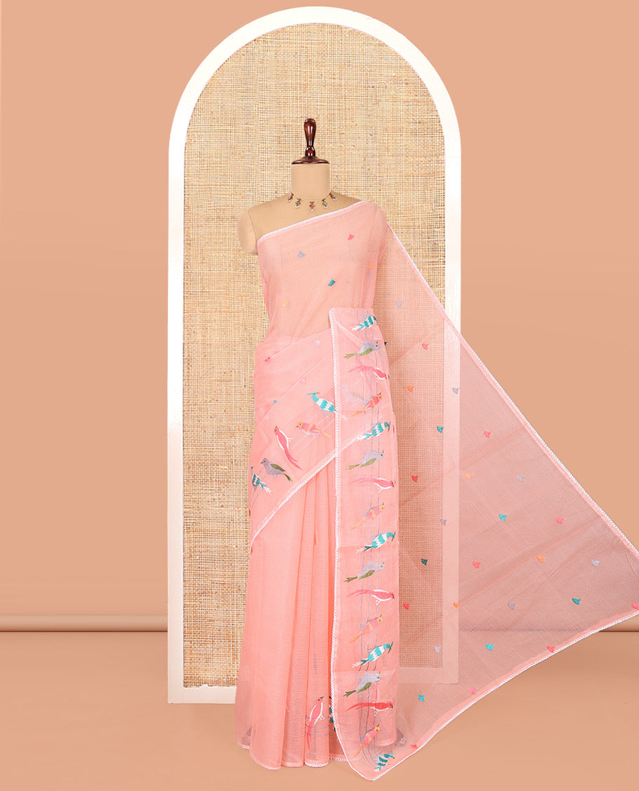 Pink Kota Doria Saree Features Thread-Embroidered Bird Motifs, a Lace Border, and a Matching Blouse