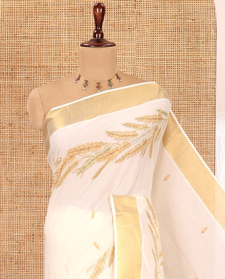 Cream Kerala Cotton Saree, Uniquely Detailed with Paddy Sheaves, a Zari Border, a Contrast Blouse