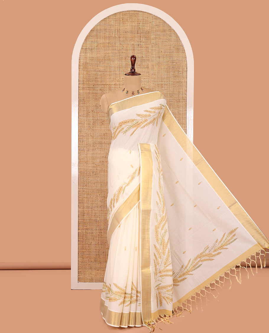 Cream Kerala Cotton Saree, Uniquely Detailed with Paddy Sheaves, a Zari Border, a Contrast Blouse