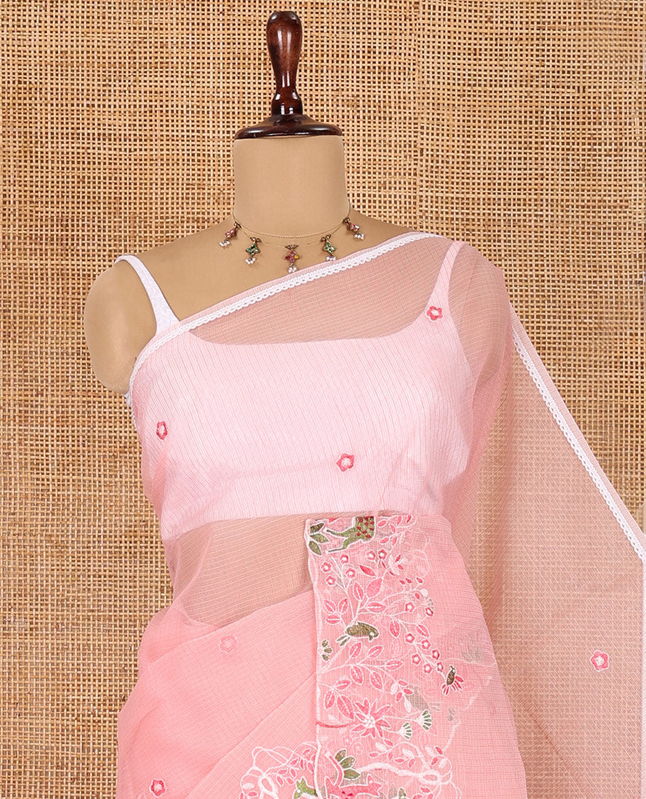 Pink Kota Doria Saree, Delicately Woven with Floral and Deer Embroidery, a Scallop Border, and a Contrast Deer Embroidery Blouse