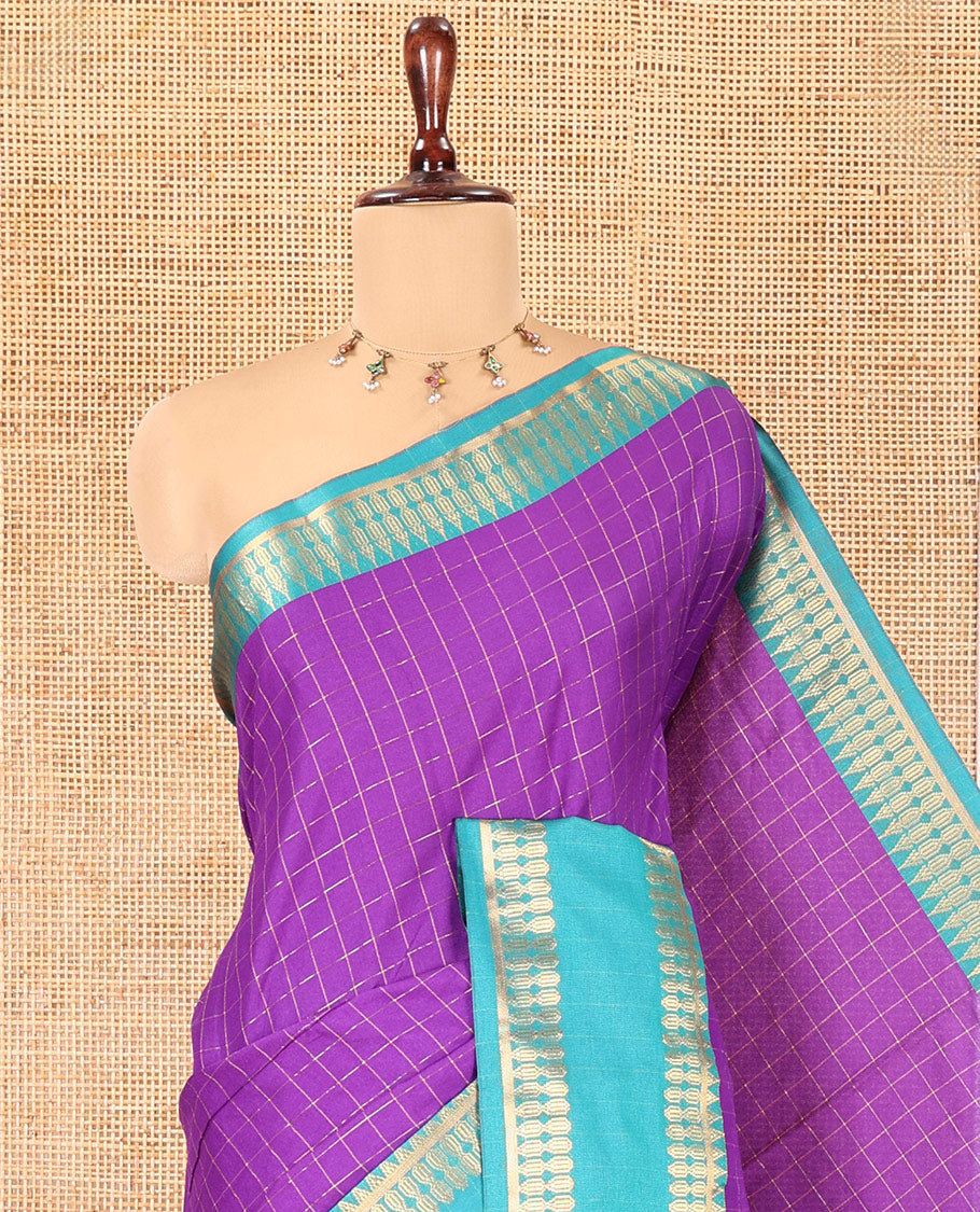 Violet Checked Art Soft Silk Saree, Complemented by Contrast Traditional Retai Pettu Border, Striped Pallu, and a Contrast Blouse
