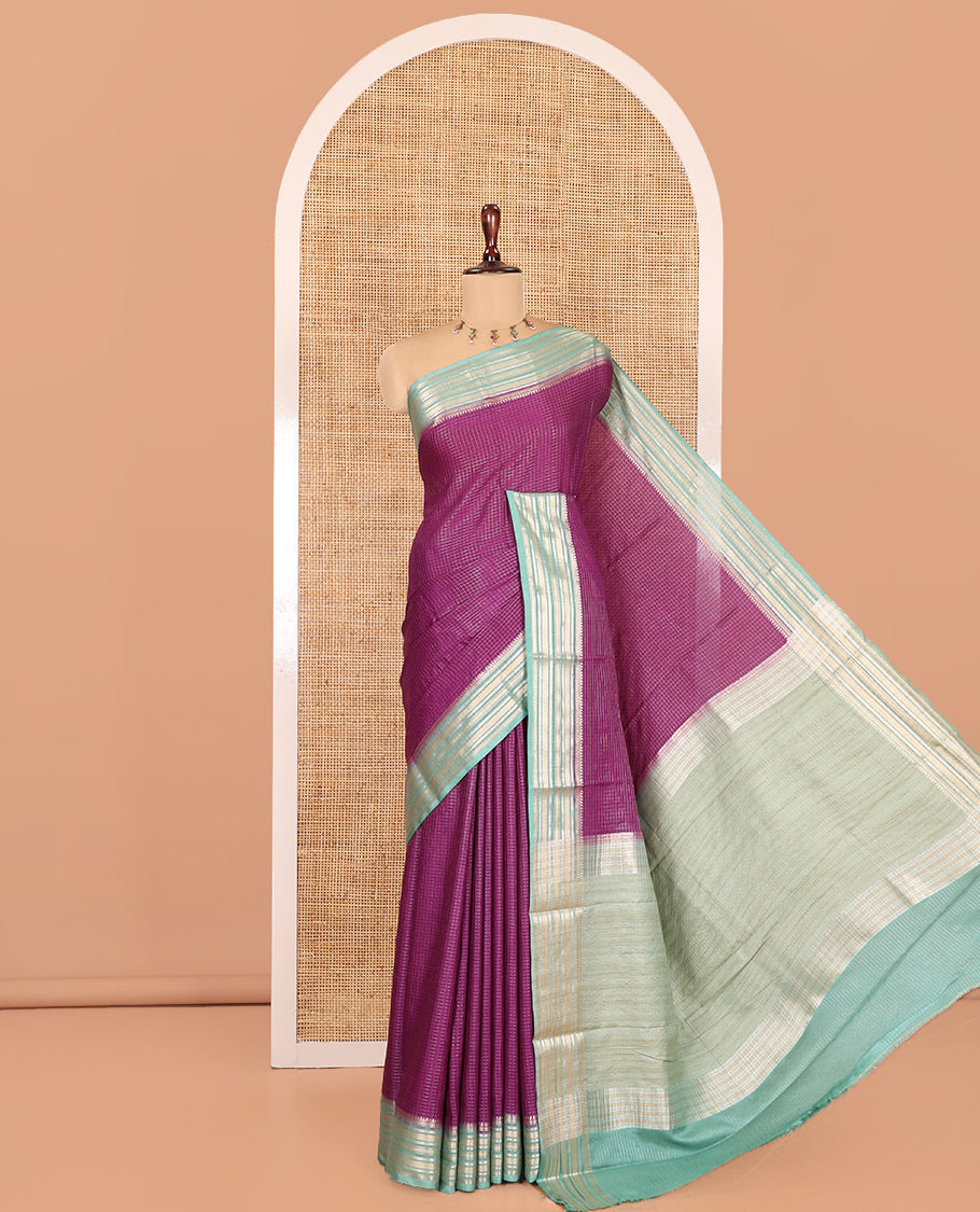 Violet Zari Checked Art Crepe Saree, Contrast Horizontal Striped Border, Zari Striped Pallu, and a Contrast Blouse