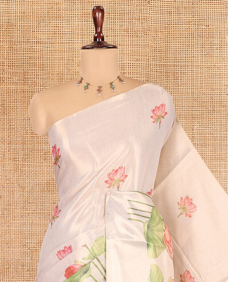 Borderless Gold Tissue Saree, Artfully Printed with Pichwai Lotus, Radha Krishna Printed Pallu, Matching Blouse