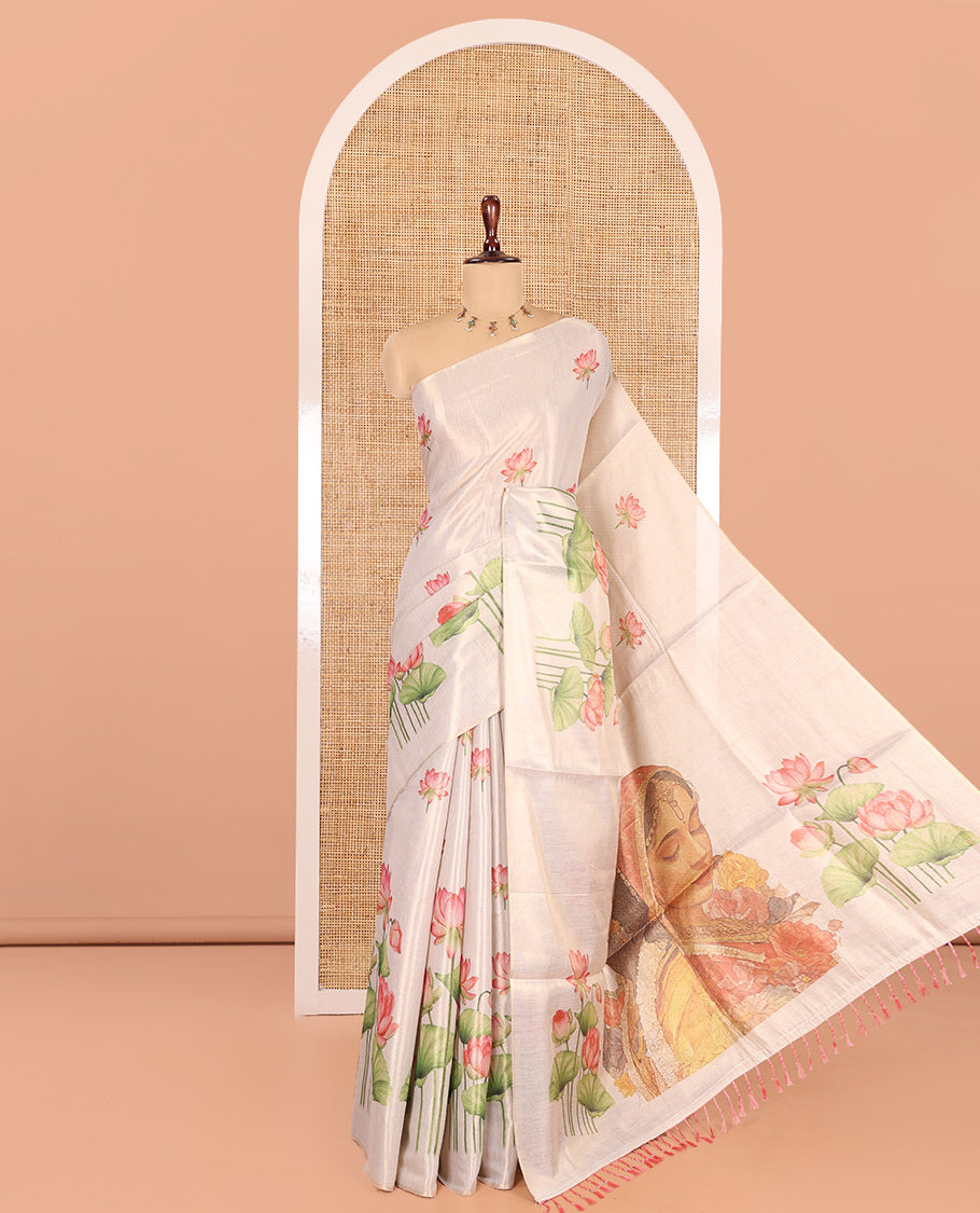 Borderless Gold Tissue Saree, Artfully Printed with Pichwai Lotus, Radha Krishna Printed Pallu, Matching Blouse