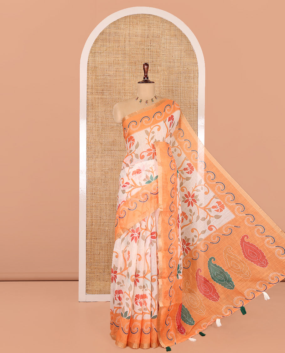 Orange Linen Cotton Saree Features Floral Vine Print, a Contrast Border, Paisley-Printed Pallu, and a Contrast Blouse