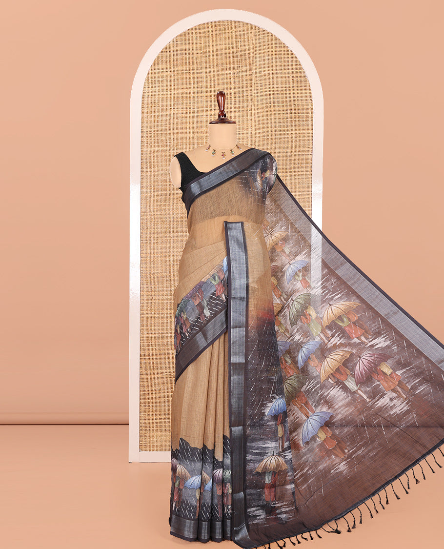 Mustard Rain-Themed Printed Linen Cotton Saree, Adorned with People with Umbrellas, a Zari Border, and Matching Blouse