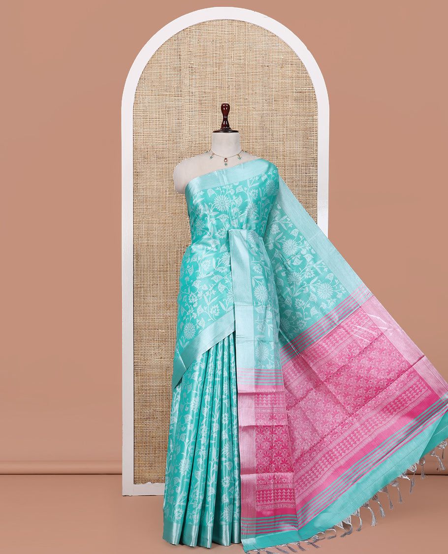 Rama Tissue Cotton Saree Features Floral Vine Design, a Zari Border, Contrast Intricate Pallu, and a Contrast Blouse