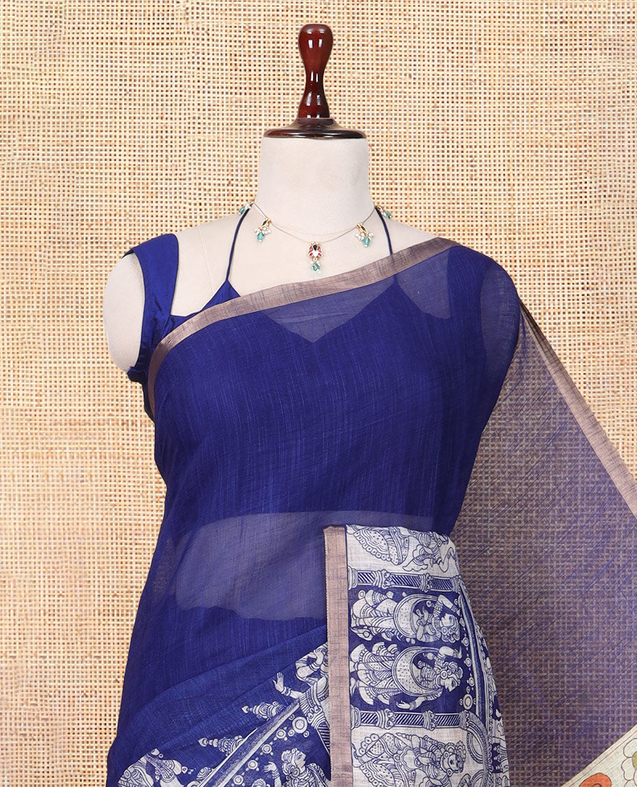 Navy Blue Linen Cotton Saree Features Kalamkari-Style Human Motifs Print, a Piping Border, Contrast Printed Pallu, and Contrast Blouse
