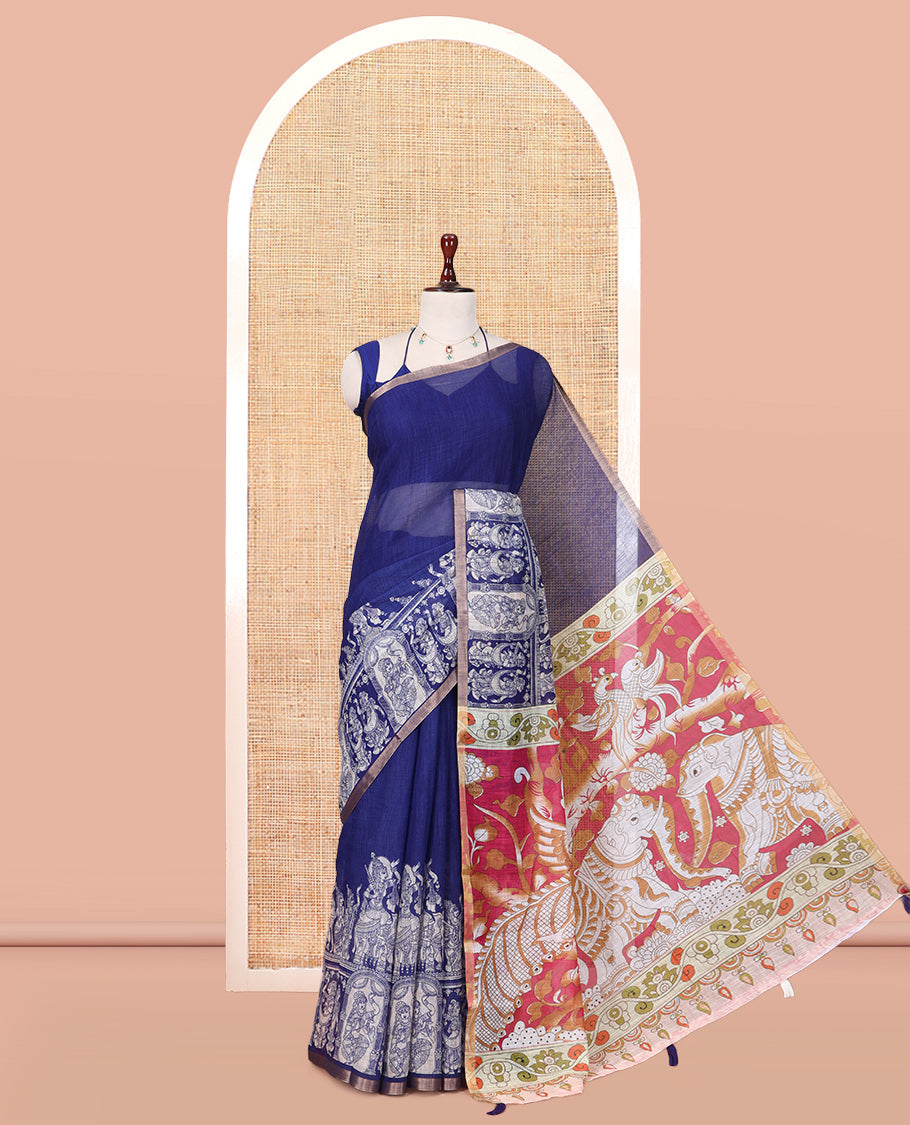 Navy Blue Linen Cotton Saree Features Kalamkari-Style Human Motifs Print, a Piping Border, Contrast Printed Pallu, and Contrast Blouse