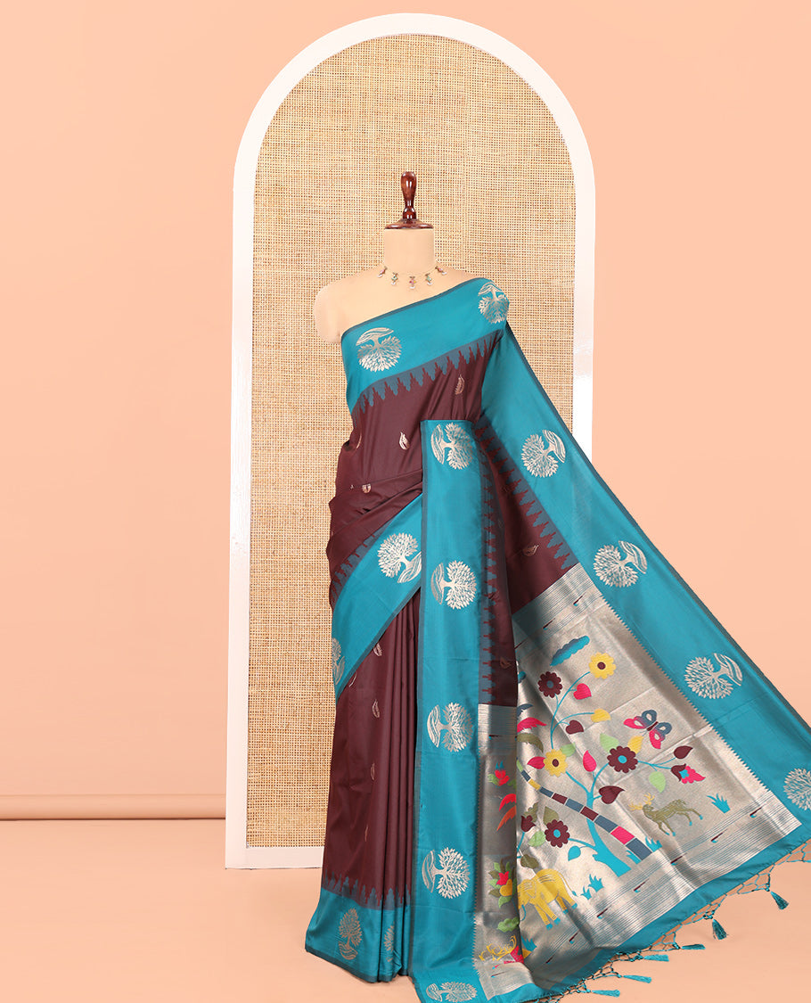 Wine Elite Soft Silk Saree, Graced with Zari Buttas, a Contrast Tree Temple Border, Paithani-Style Woven Pallu, a Contrast Blouse