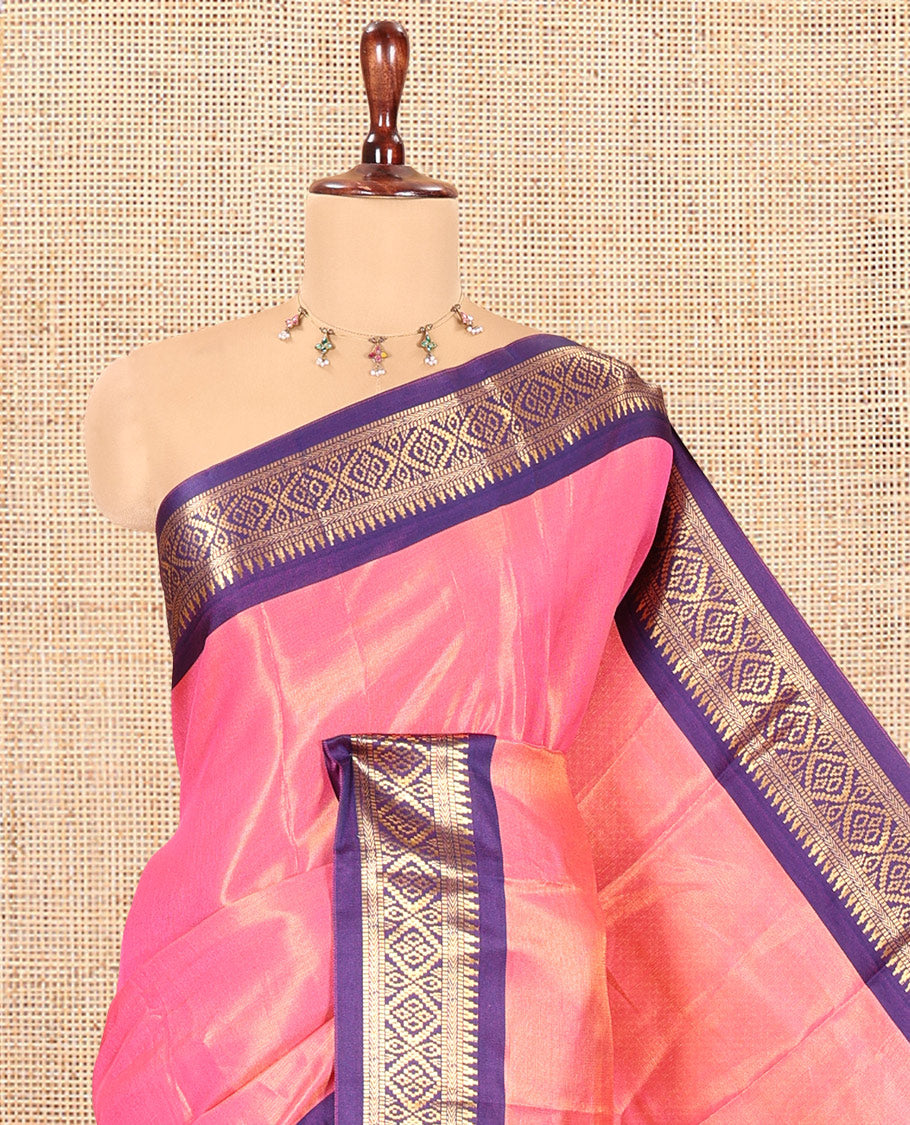 Pink Plain Tissue Cotton Saree, Contrast Traditional Border, Striped Pallu, and Contrast Blouse