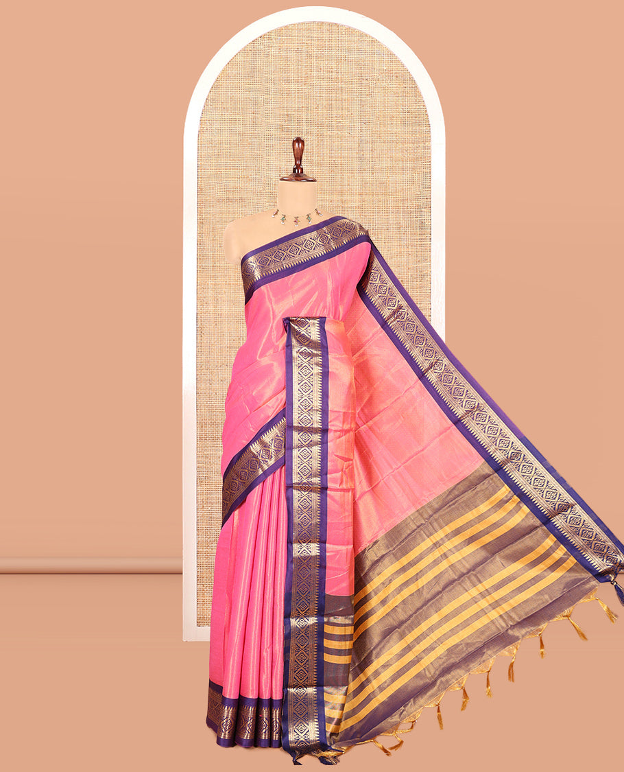 Pink Plain Tissue Cotton Saree, Contrast Traditional Border, Striped Pallu, and Contrast Blouse