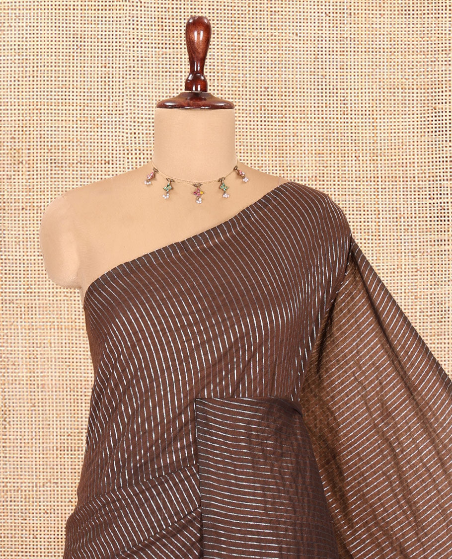 Borderless Brown Zari Striped Khadi Cotton Saree, Contrast Pallu, and No Blouse