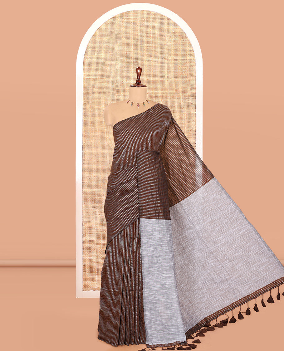 Borderless Brown Zari Striped Khadi Cotton Saree, Contrast Pallu, and No Blouse