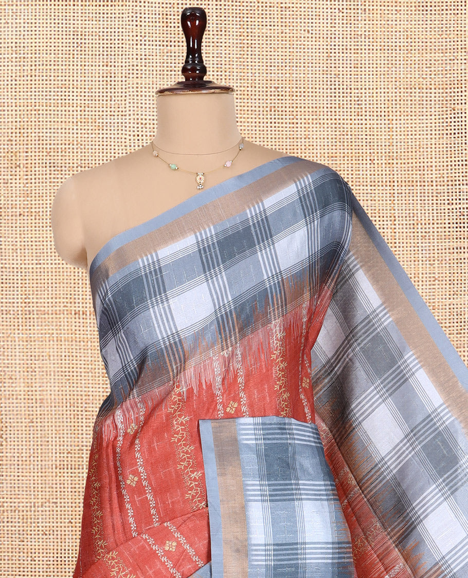 Rust Floral Design Manipuri Silk Saree, Contrast Checked Border, Mughal-Style Pallu, Contrast Blouse
