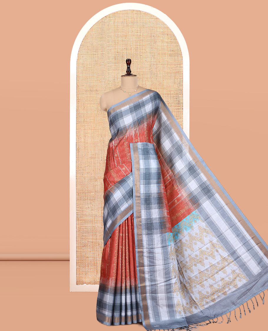 Rust Floral Design Manipuri Silk Saree, Contrast Checked Border, Mughal-Style Pallu, Contrast Blouse