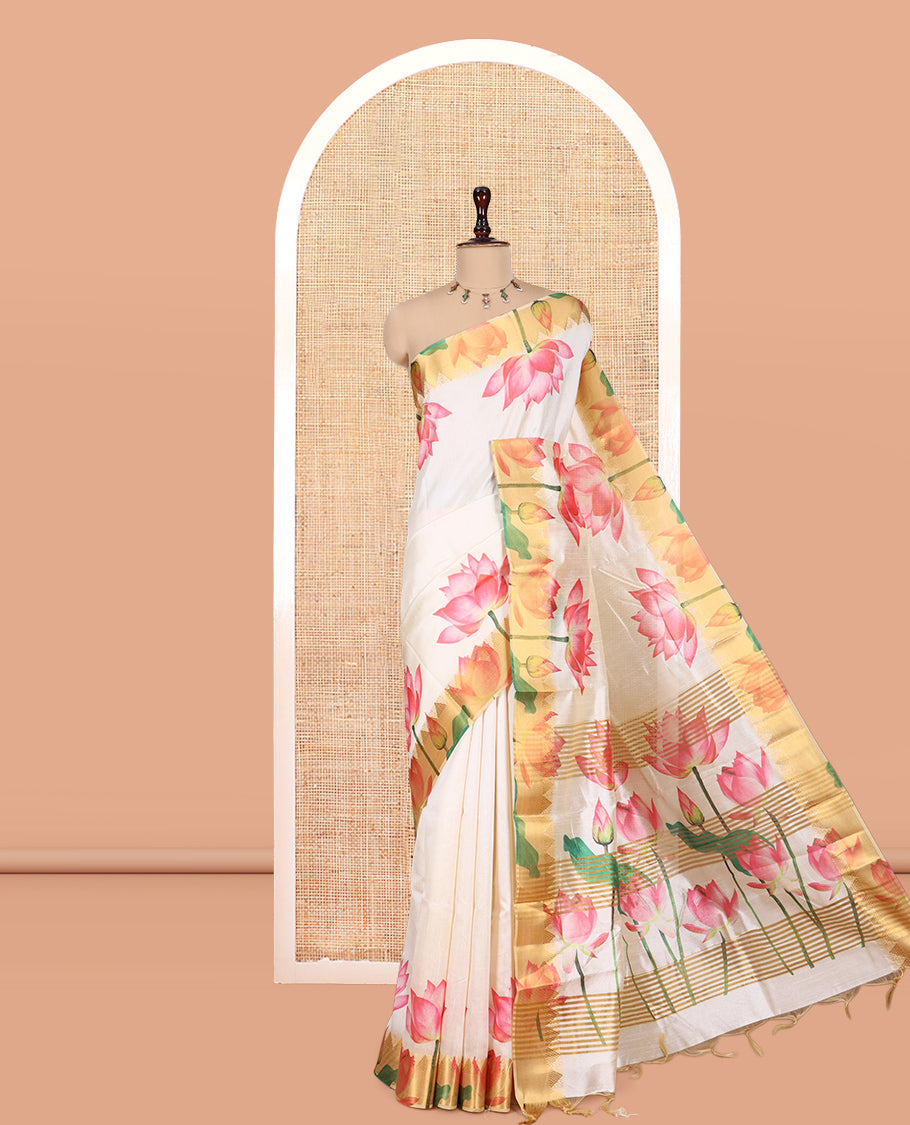Cream Semi-Tussar Saree Features Pichwai Lotus-Printed Zari Border, and Matching Blouse
