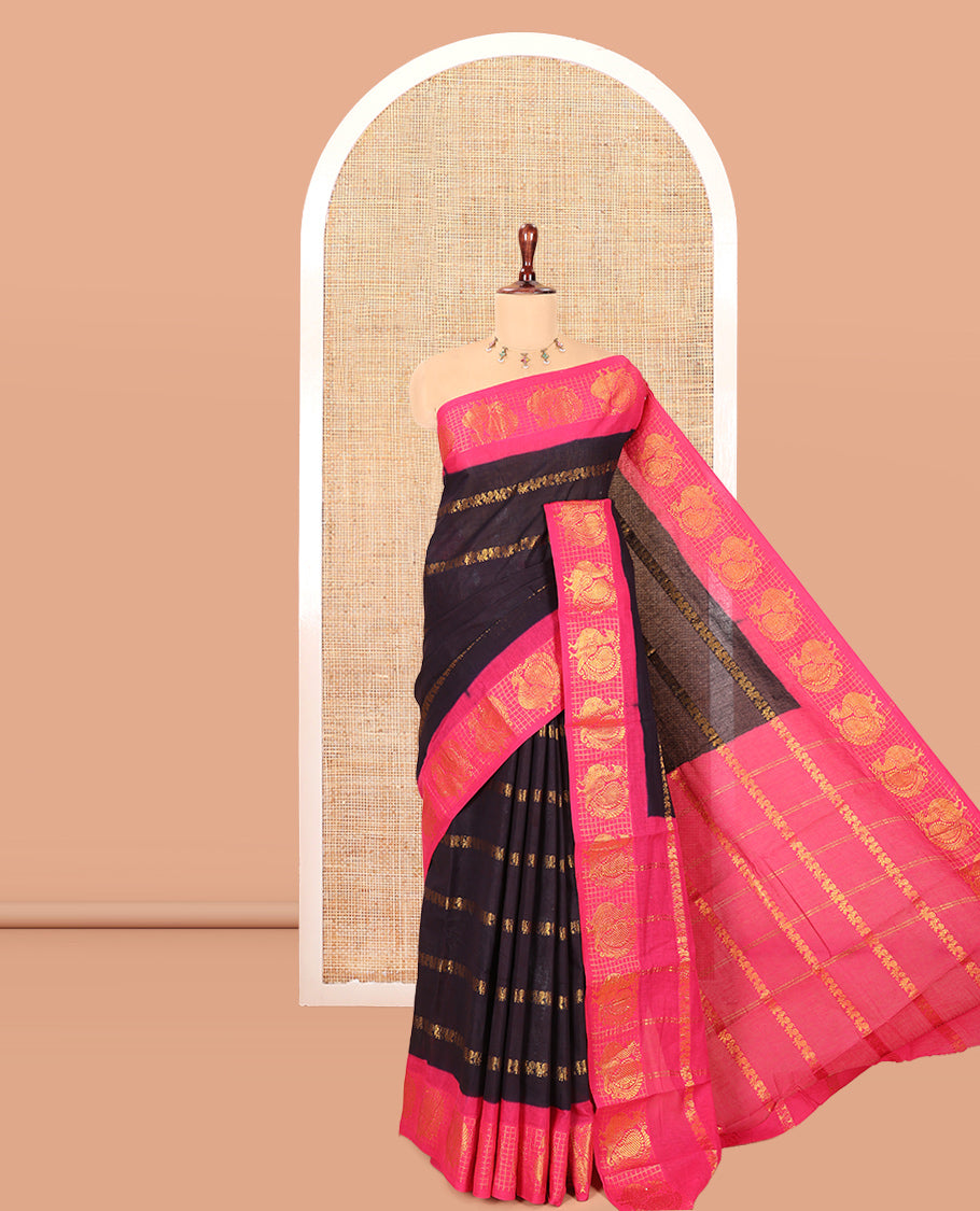 Navy Blue Peacock Buttas Sungudi Cotton Saree, Contrast Checked Peacock Border, Contrast Blouse