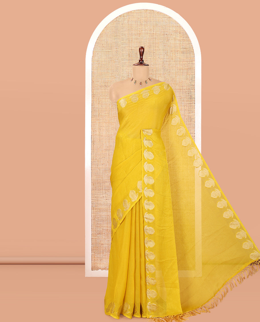 Yellow Plain Moss Chiffon Saree, Highlighted by Gold Zari Floral Border, and a Self-Pallu