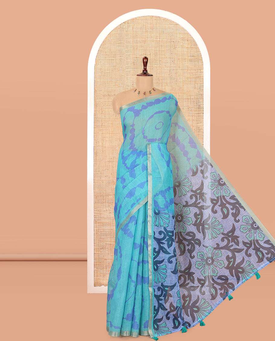 Rama Shibori Printed Linen Cotton Saree, a Piping Border, Floral Pallu, and a Contrast Blouse