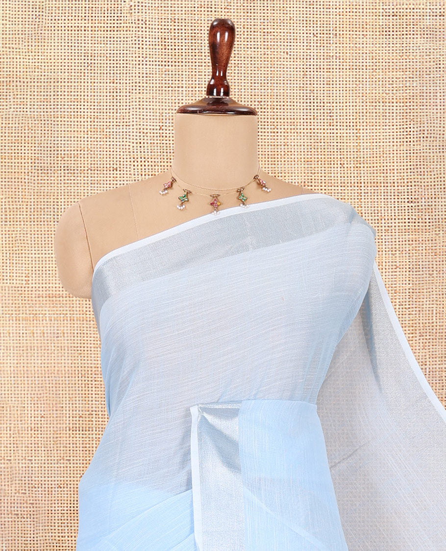 Sky Blue Plain Linen-Cotton Saree, a Zari Border, Striped Pallu, and a Matching Blouse