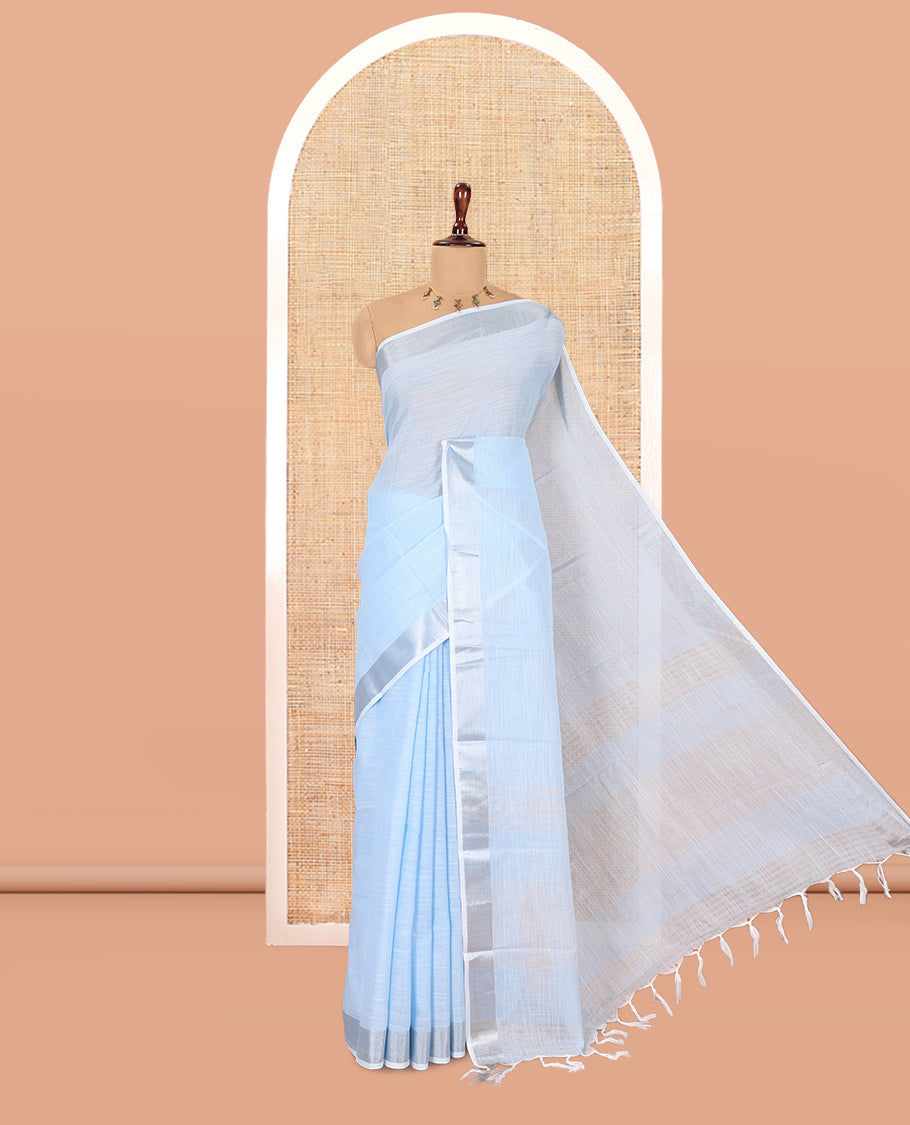 Sky Blue Plain Linen-Cotton Saree, a Zari Border, Striped Pallu, and a Matching Blouse
