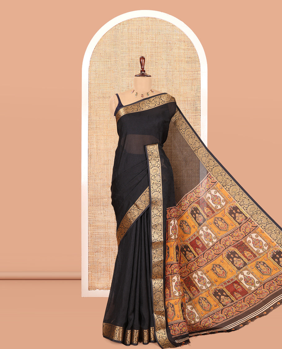Black Embossed Moss Chiffon Saree, a Zari Floral-Paisley Vine Border, Contrast Mughal-Style Pallu, and a Matching Blouse