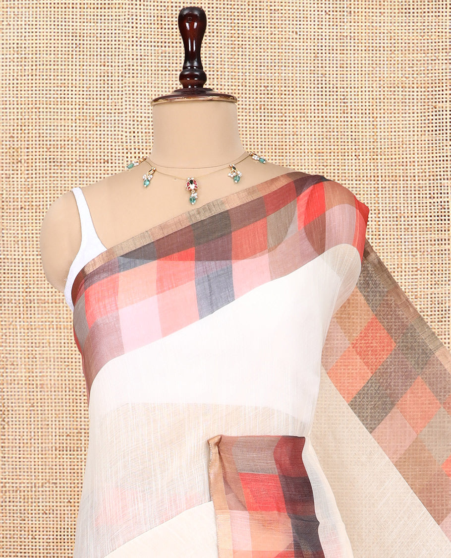 Cream-Rust Plain Handloom Cotton Saree, a Contrast Checked Border, Checked Pallu, and a Contrast Blouse