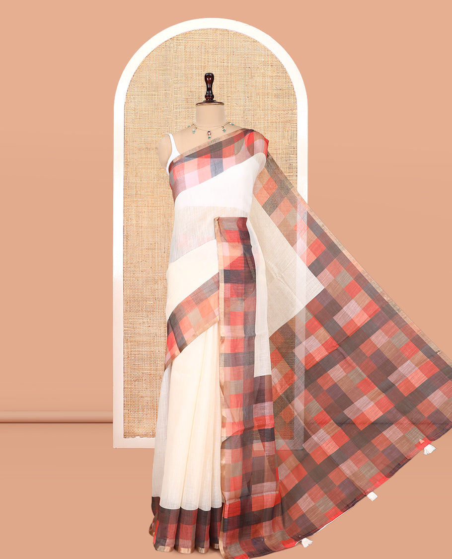 Cream-Rust Plain Handloom Cotton Saree, a Contrast Checked Border, Checked Pallu, and a Contrast Blouse