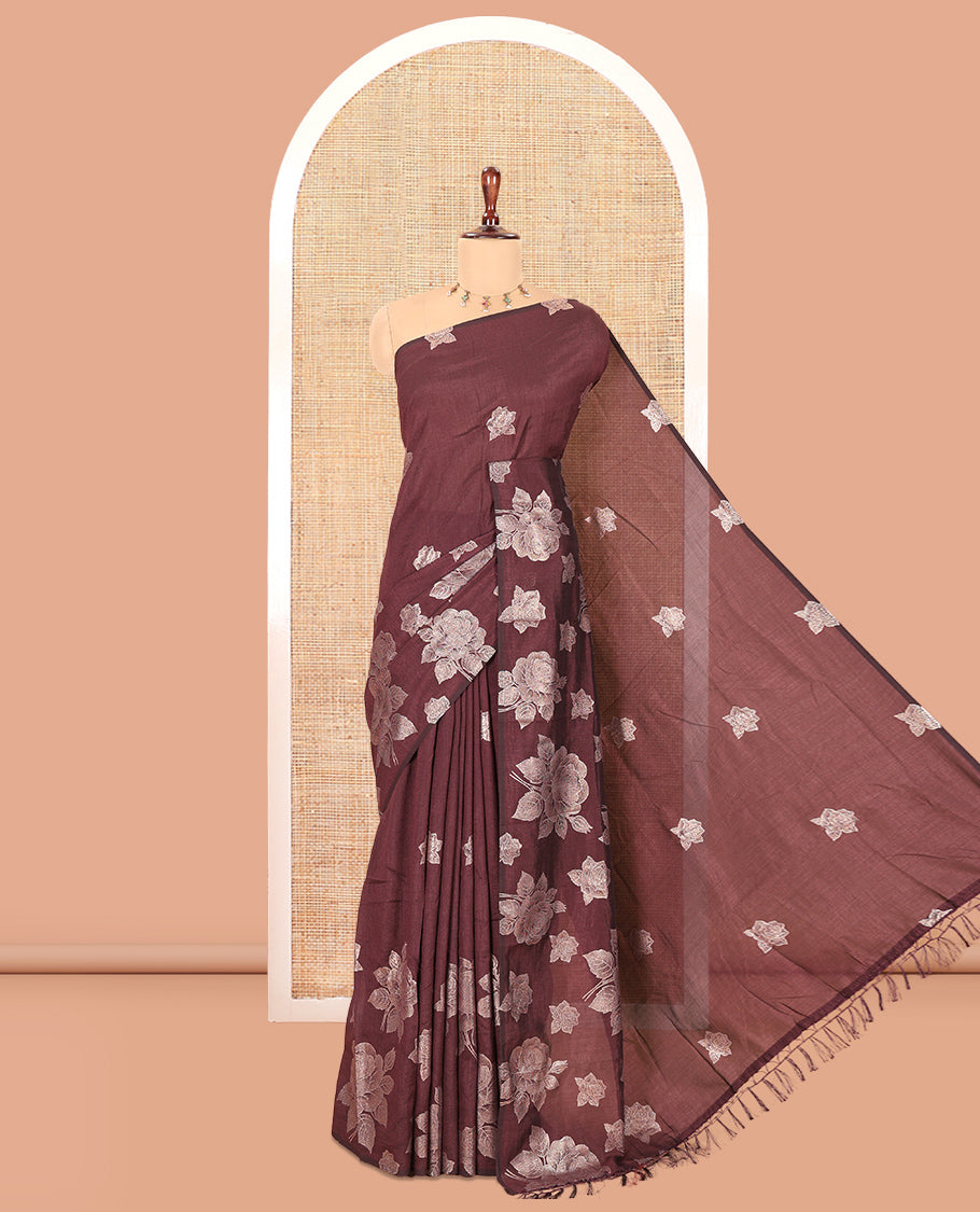 Borderless Brown Rose Floral Printed Vichitra Silk Saree, Self-Pallu of Floral Designs, and No Blouse