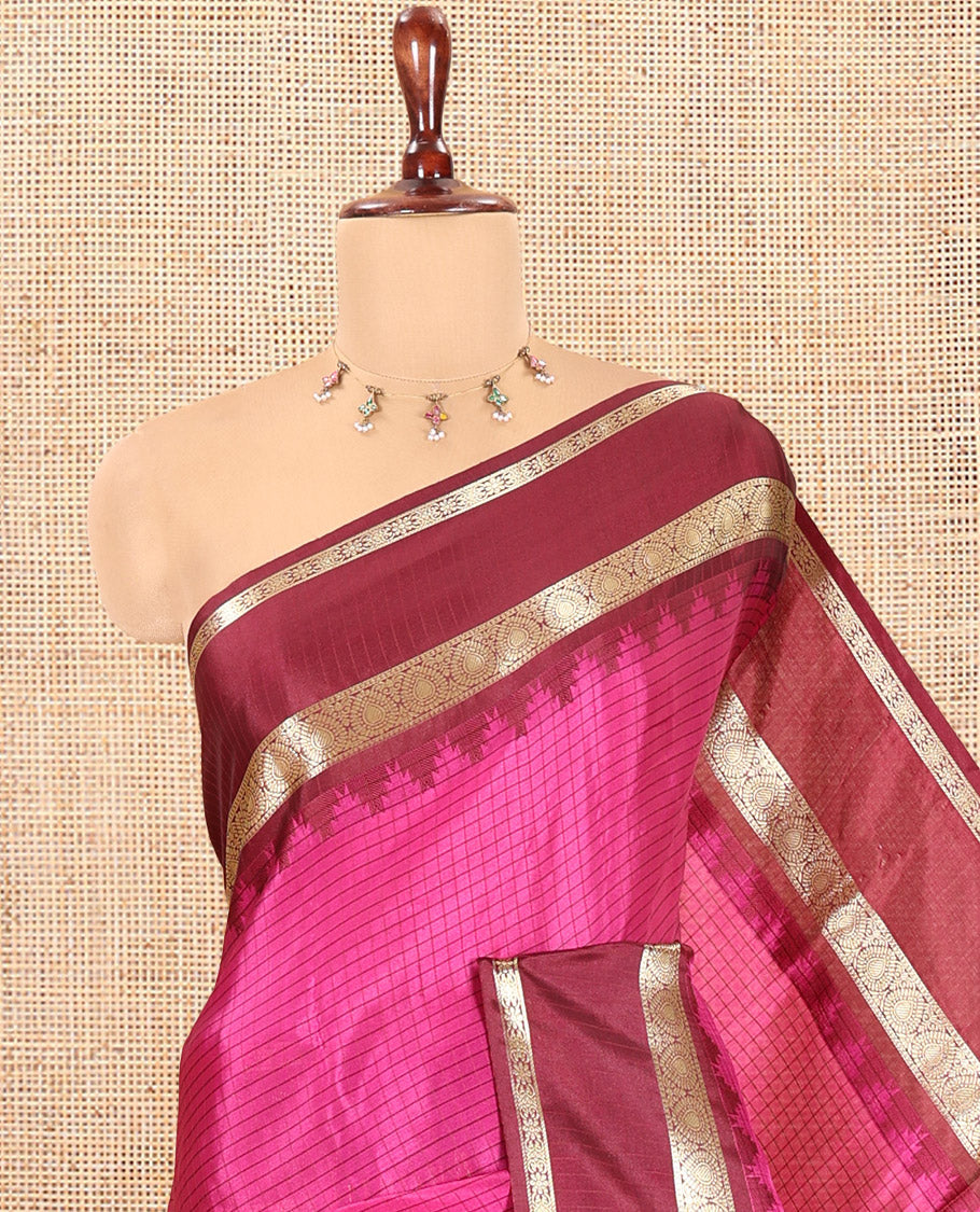 Pink Striped Semi-Katan Silk Saree, a Contrast Traditional Zari Temple Border, Plain Pallu, and a Contrast Blouse