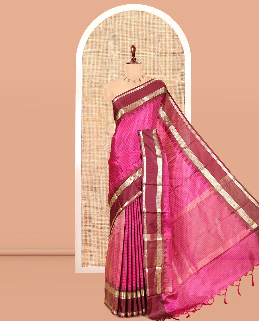 Pink Striped Semi-Katan Silk Saree, a Contrast Traditional Zari Temple Border, Plain Pallu, and a Contrast Blouse
