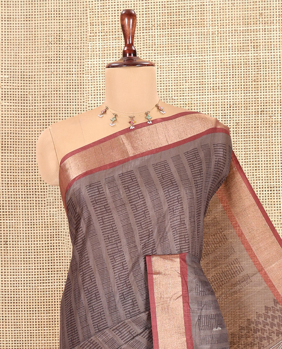 Grey Art Tussar Saree, Ornamented with Geometric Patterns, a Contrast Zari Border, a Geometric Pallu, and a Contrast Blouse