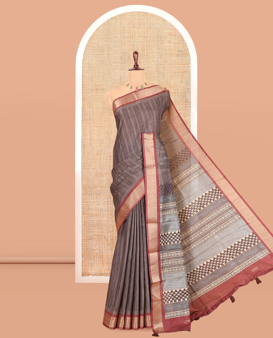 Grey Art Tussar Saree, Ornamented with Geometric Patterns, a Contrast Zari Border, a Geometric Pallu, and a Contrast Blouse